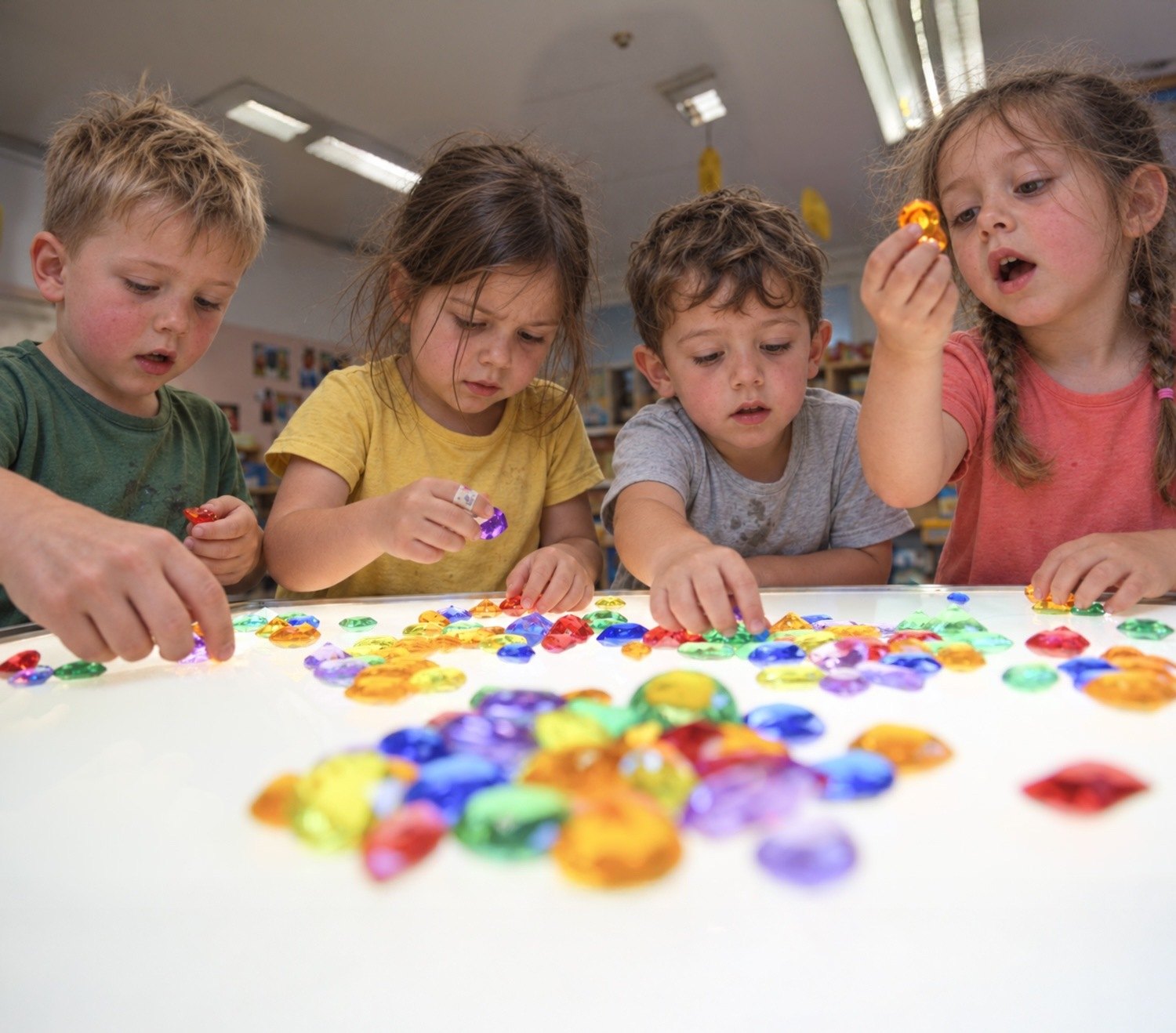Bambini dell’infanzia che giocano con le gemme colorate sul tavolo luminoso