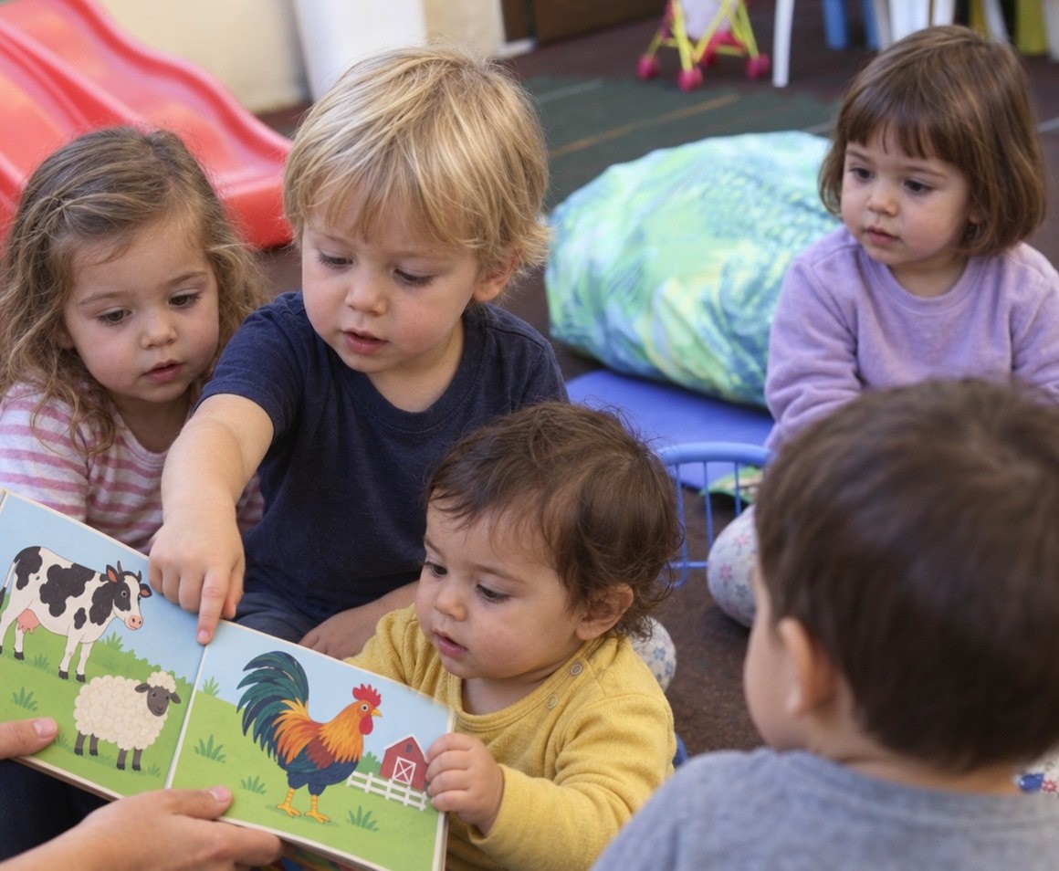 Bambini del nido che sfogliano un libro illustrato con l’educatrice