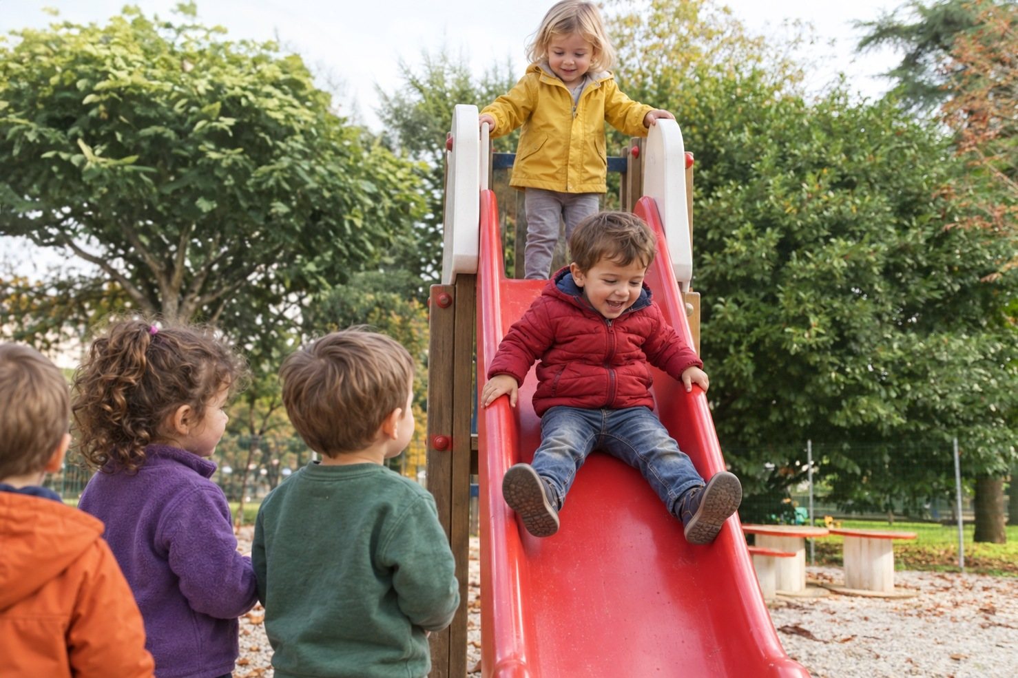 Bambini sullo scivolo nel giardino della scuola