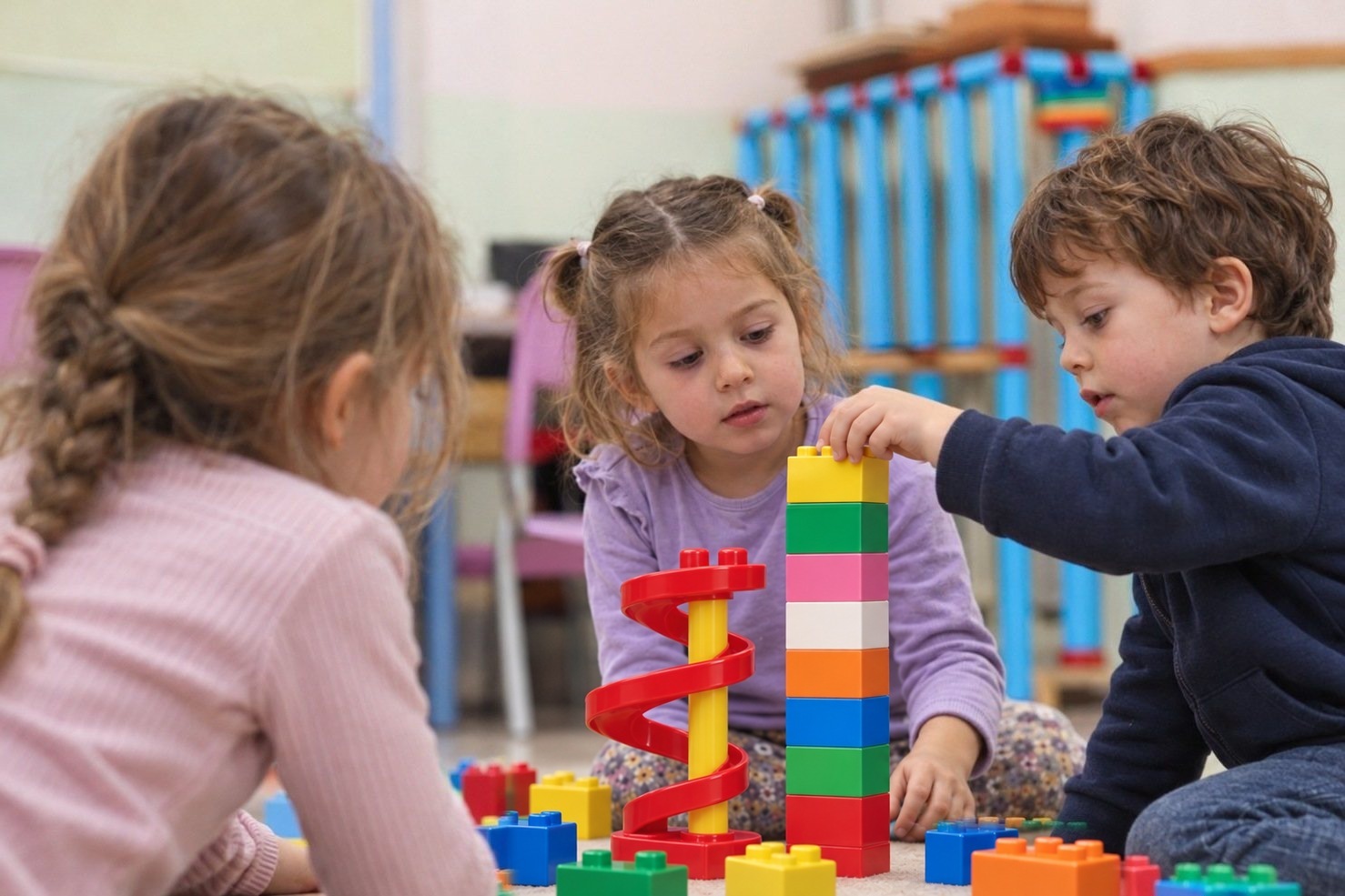 Bambini dell’infanzia che costruiscono con i mattoncini