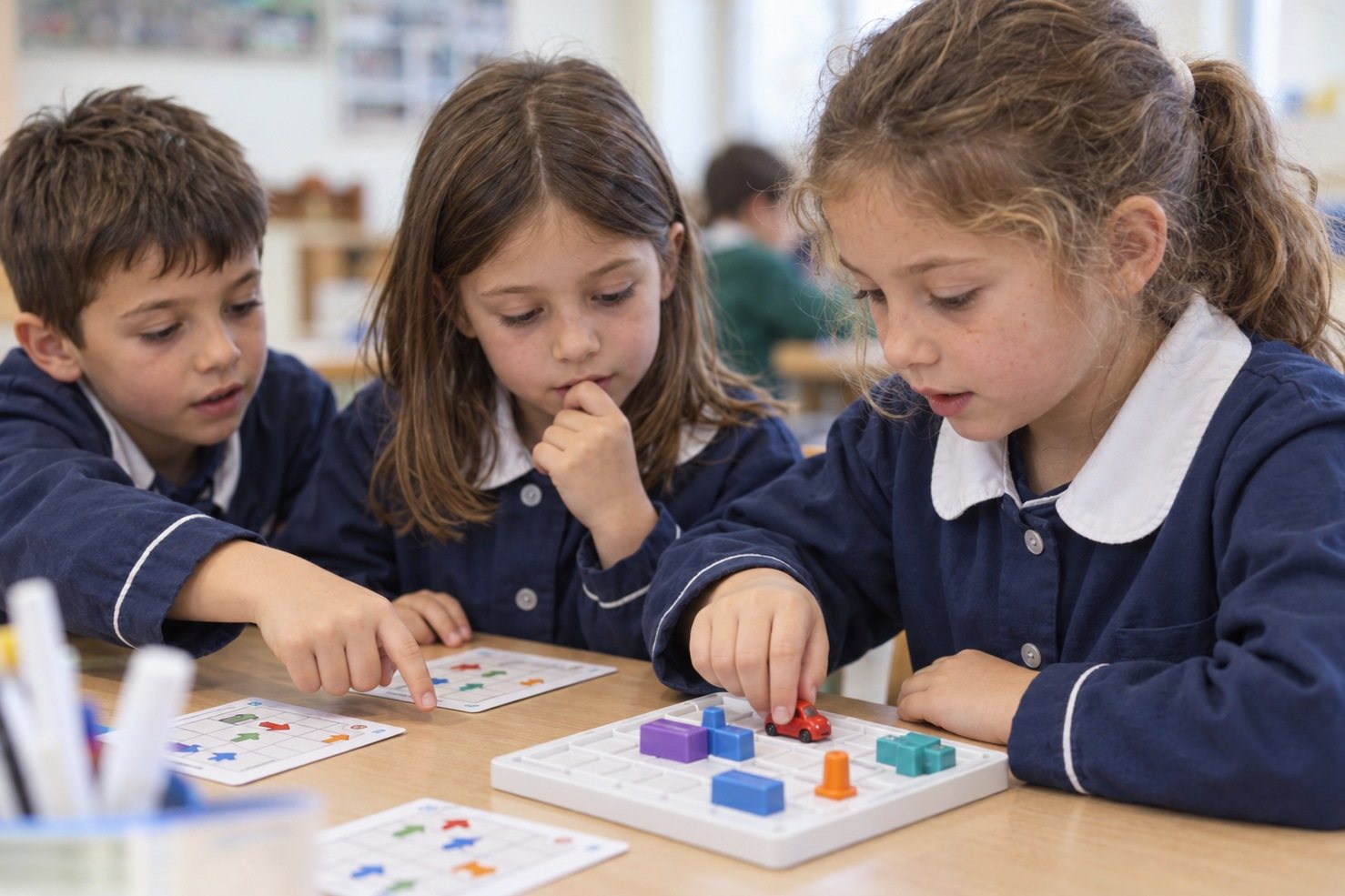 Bambini della primaria con un gioco di logica e coding